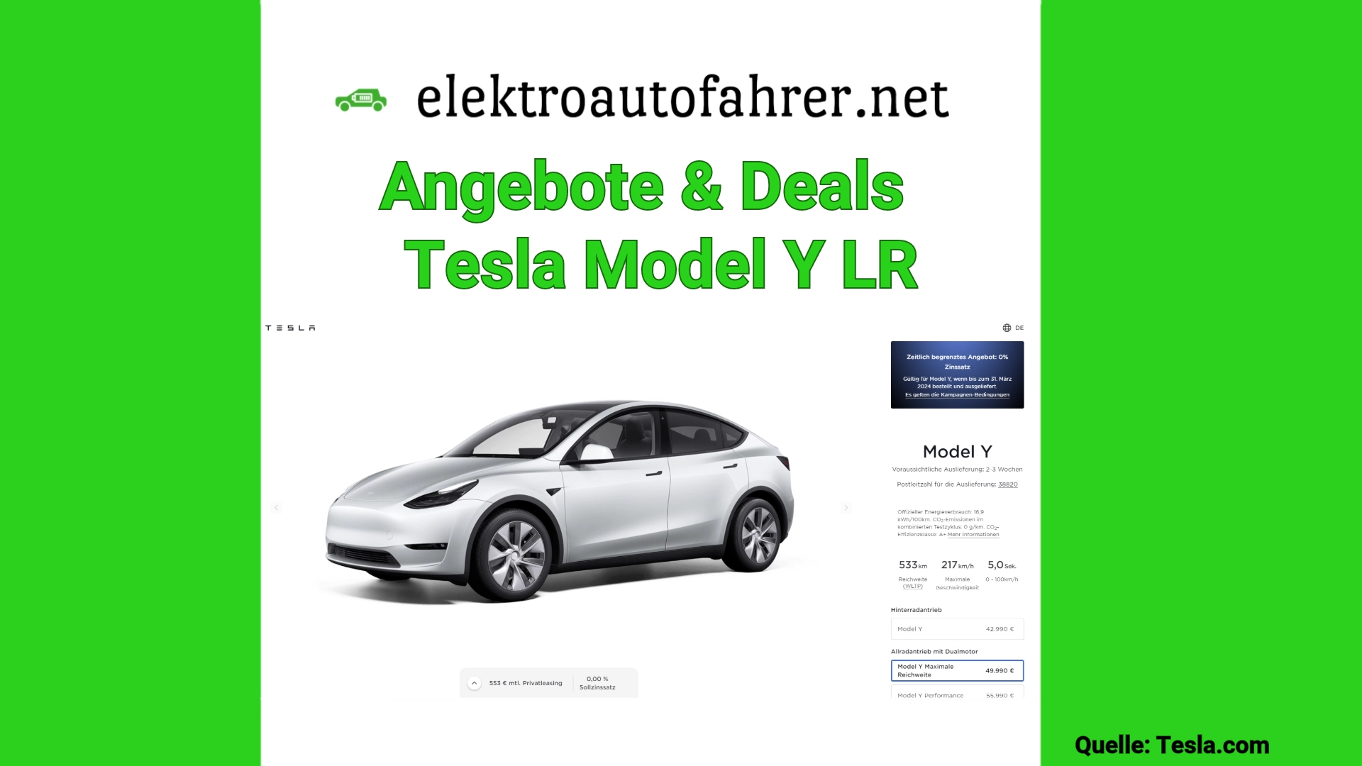 Leasingangebot Tesla Model Y mit 0 % Zinssatz