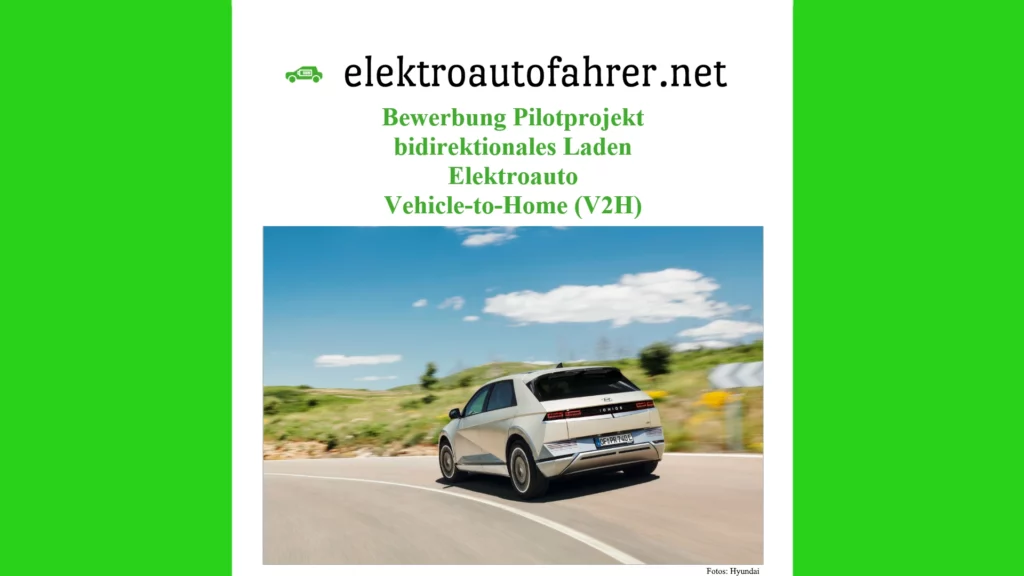 Bewerbung Pilotprojekt bidirektionales Laden eines Elektroautos. Wir ihr aus meinen Artikeln über Vehicle-to-Home (V2H) und Vehicle-to-Grid (V2G) wisst, gibt es riesiges Potential bei diesen zukünftigen Themen, welche ich aktiv begleiten möchte. Ein rückspeisefähiges Elektroauto wie z.B. der Hyundai IONIQ5 steht dabei nicht nur als PV Speicher, sondern auch als Stromspeicher für das Haus oder das Stromnetz zur Verfügung. Dabei nimmt das E-Auto die Funktion eines Akkus und riesigen Powerbank für das Haus oder das smart grid ein.
